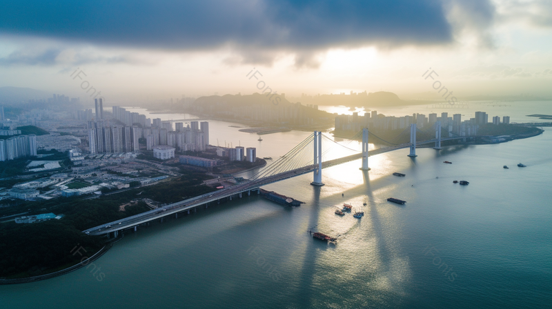 多云的天空海上的大桥建筑贯穿城市航拍摄影图,高清,摄影图,摄影图片,图片大全,摄影图免费下载